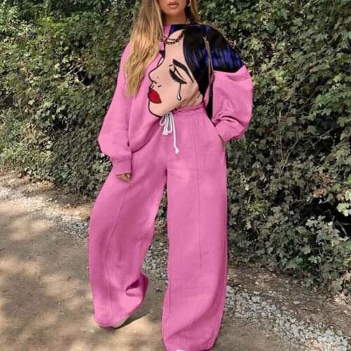 Graffiti Face Letters Printing Hoodies Sweatshirt And Pants Women Loose Casual Streetwear Pink Two Pieces Set Female Suit Winter