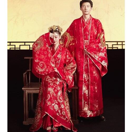 Embroidery Dragon Phoenix One Size Hanfu Chinese Traditional Couple Wedding Suit Elegant Bride Qipao Dress китайская одежда