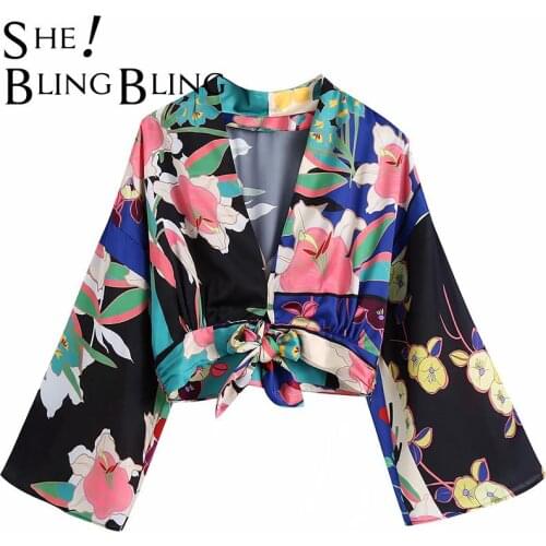 SheBlingBling Za Woman 2021 Traf Blouses Summer Floral Print Kimono Shirt Sleeve V-neck Lace-Up Hem Crop Tops Casual Shirt Top