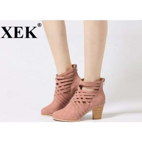 XEK Womens Boots Spring and autumn 2018 Fringe Large Size 35-43 Heels Leather Shoes Round Toe Cross Straps Ankle Boots WFQ89