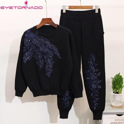 Women Sports Tracksuit Flower Beadings Embroidery Casual Sweater Top + Long Knitted Trouser Pant Suit Autumn Winter Suit E6700