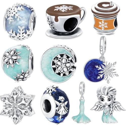 100% New 925 sterling silver blue star beads cute ice snow princess pendant fit bracelet charm winter snowflake series jewelry