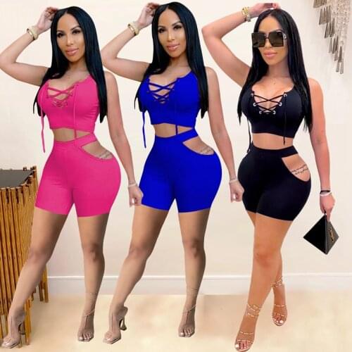 2021 Summer Sexy Two Piece Set Outfits Deep V Neck Lace Up Crop Tank Top And Hollow Shorts Outdoor Fitness Tracksuits S-XXL