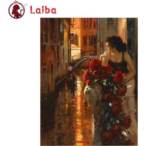 Diamond Embroidery Abstract cityscape beautiful woman with flowers Full Square round Diamond Painting Cross Stitch Wall Decor