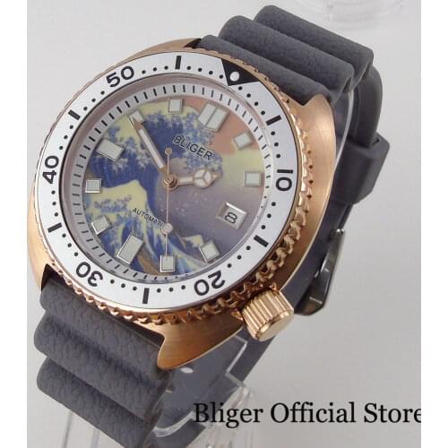 BLIGER Men Watch 5ATM waterproof Rose Gold Coated 24 Jewels NH35A Movement Surfing Dial White Chapter Ring Unidirectional Bezel