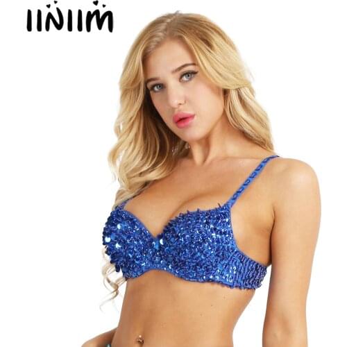 Iiniim Womens Fashion Diamond Bra Costume Tops Sequins Beading Padded Bra Top for Raves Belly Dancing Sexy Night Clubwear