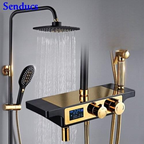 Senducs Digital Shower Set Hot Cold Bathroom Shower Faucet Quality Brass Bath Mixer Tap Luxury Black Gold Bathroom Shower System