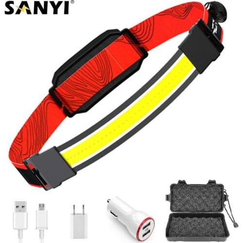 COB LED Headlamp 1200mAh USB Rechargeable Headlight Torch Camping Lantern Red Tail Warning Emergency Light for Night Running