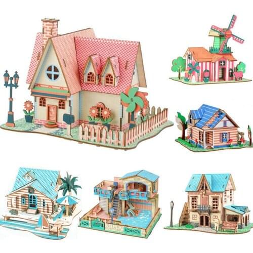 3D Wooden Jigsaw Puzzle Architecture House Model Miniature Manual Self Assembly DIY Craft Educational Toy Gift Kits For Kids