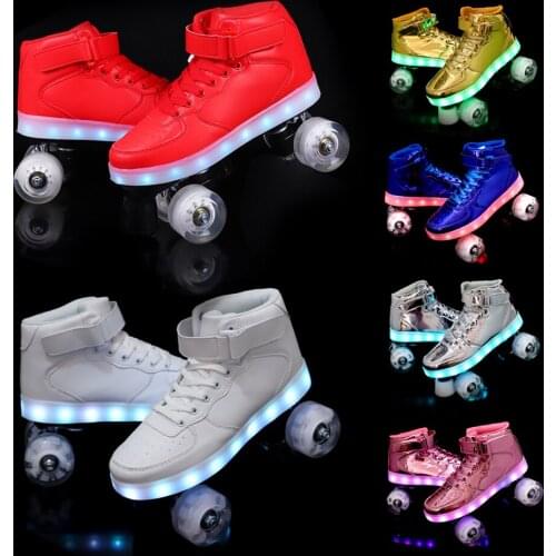 7 Color LED Flash 4-Wheel PU Roller Skates For Kids USB Recharge Sneakers Roller Skating Double-Row Men Women Europe Size 35-45