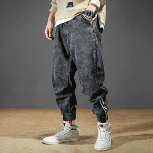 Streetwear Men Fashion Jeans Loose Fit Black Gray White Stripe Designer Cargo Pants Spliced Hip Hop Jeans Men Joggers Trousers