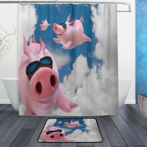 Blue Sky Funny Pig Piggy Flying Polyester Fabric Bathroom Shower Curtain