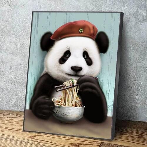 Canvas Painting Red Hat Panda Wall Art HD Printing Poster Eat Noodles Animal Home Decorative Modern Living Room Modular Pictures
