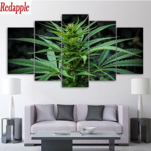 5 Piece Green Leaf Maple diamond painting sale Green Plants Weeds diamond embroidery mosaic Wall Picture for Living Room Decor