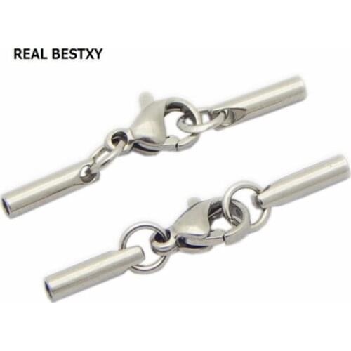 REAL BESTXY 10pcs/lot 316L Stainless steel Connectors Charms Clasps Buckle With Extender Chain For Wide Leather Bracelet