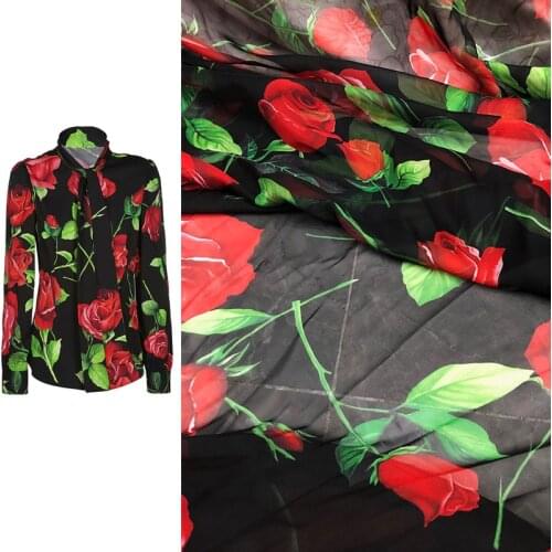 145cm Width Fashion Red Rose Flower Printed Imitate Silk Satin OrThin Chiffon Fabric For Woman Dress Blouse DIY Cloth Sewing