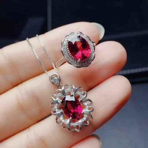 2020 new red garnet ring and necklace jewelry set 925 sterling silver round natural gem good cutparty gift girl festival gift