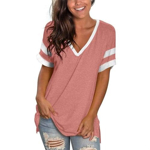 2021 Summer New Short-Sleeved T-Shirt Womens Loose Casual Solid Stitching Sexy V-Neck Top T-Shirt All-Match Street Tops Women