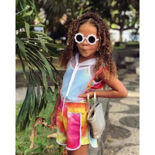 2021 newest arrival 3 Pieces Kids Suit Set Summer Tie-Dyed Sleeveless Hooded Coat+Spaghetti Strap Vest+Shorts 1-6 Years