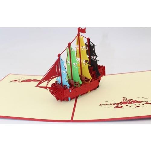 New Design 3D Handmade Rainbow Color Flag Sailing Ship Boat Paper Greeting Card+Envelope Business Postcard Birthday Friend Gift