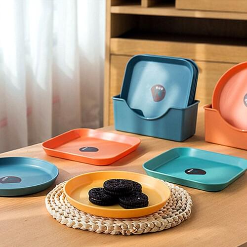 Plastic Food Sauce Dish Cute Round Snacks Fruit Plate Square Dessert Plate Kitchen Household Serving Tray Dishes Drain Rack Set