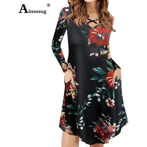 Cris Cross Women Elegant Dress Long Sleeve V-neck Boho Flower Print Leisure Dresses 2020 Autumn Casual Loose Vintage Dress Femme