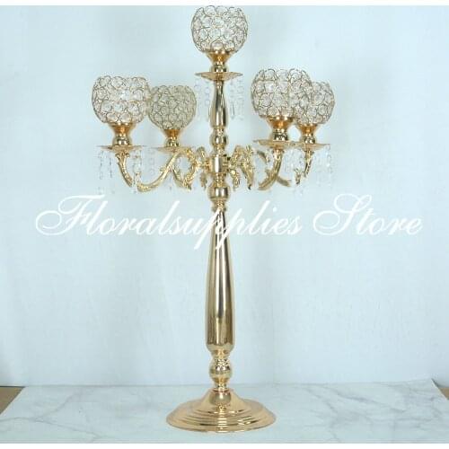2020 New Product 75cm Height 5 Arms Candelabra metal crystal Centerpiece Gold Crystal Candle Holders for Wedding Party