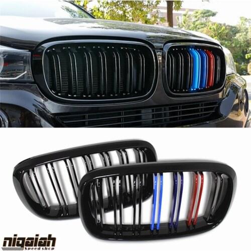 F15 F16 Kidney Grill Grille Carbon Fiber Front Bumper Grill for BMW X5 X6 Series F15 F16 2015-2018 Dual Slats 2-Line ABS M Logo
