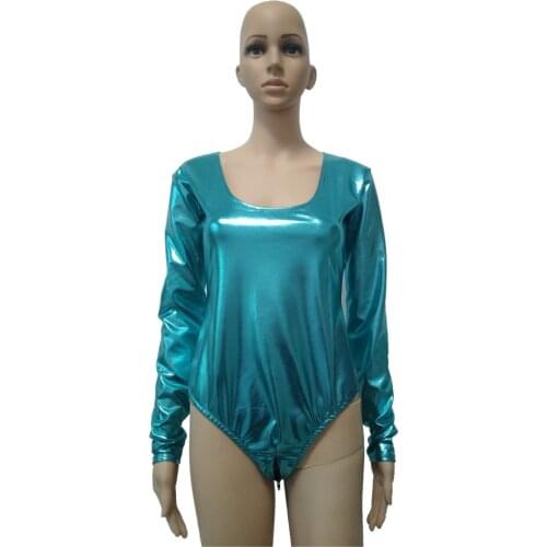 Sexy Women shiny metallic Wetlook Clubwear Leotard half Bodysuit big round neck Dancewear Party jumpsuits double back zipper