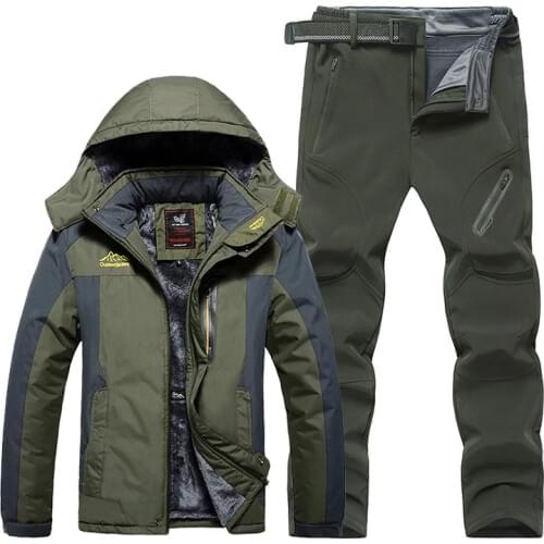 Winter outdoor hiking ski suit windproof waterproof plus size 8XL fleece jacket +thick warm Camping Soft shell pants 2 piece set