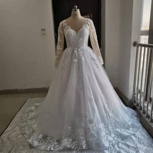 MYYBLE Long Sleeves Wedding Dress 2021 Romantic Beading Appliques Bride Lace Up A-Line Princess Bridal Gowns Robe De Mariee