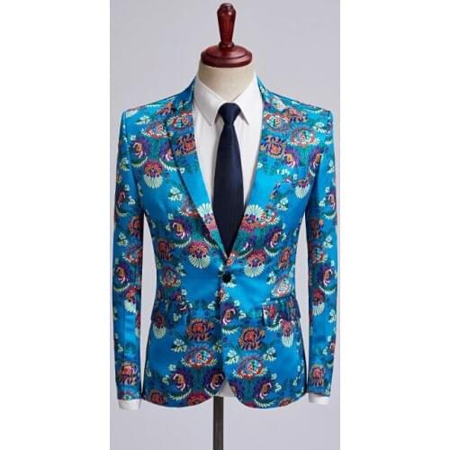 Blue printing wedding suits for men blazer boys prom mariage suits fashion slim masculino latest coat designs singer stage