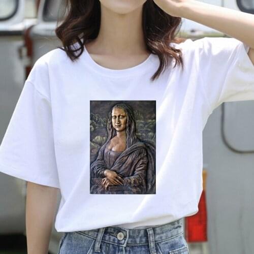 Womens T-shirt 90s Ulzzang Harajuku Graphic Funny Mona Lisa puzzle Print T-shirt O Neck Casual Womens Top T-shirt