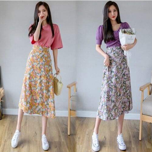 Floral Chiffon Skirt Womens 2020 Summer Temperament High Waist Slim Retro A-line Skirts Female Printed Skirt Berserker Z654