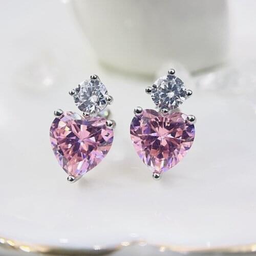925 Sterling Silver Stud Earrings for Women Pink Heart Diamond Gemstone Earrings Romantic Wedding Engagement Gift Fine Jewelry