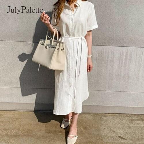 JulyPalette Summer Women Shirt Dress Casual Single breasted Lace-up Long Dress Cotton linen Short Sleeve Loose Female Dress 2021
