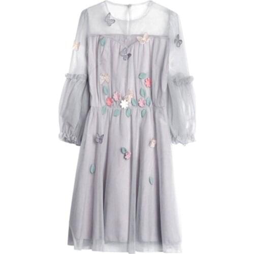 Stand-Neck Seven-quarter sleeve Dress Women Sweet Mesh Streetwear Above Knee Dress Female 2019 Summer Lace Dress Vestidos 645