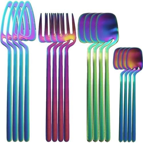 16Pcs Rainbow Cutlery Set Knife Fork Coffee Spoon Dinnerware Set Stainless Steel Tableware Set Baby Kids Flatware Silverware Set