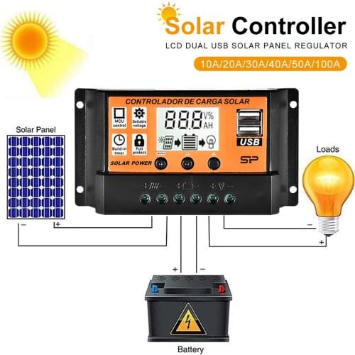 10A/20A/30A/40A/50A/100A Auto Solar Charge Controller LCD Dual USB Solar Panel Regulator Dual USB Voltage Charger 12V24V Power