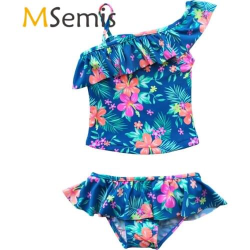 Kids Girls Tankini Swimsuits Two Pieces Floral Print Summer Swimwear Childrens One Shoulder Swimsuits Top with Swim Shorts