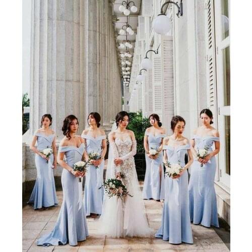 Elegant Long Satin Off Shoulder Mermaid Light Blue Bridesmaid Dresses Floor Length Custom Corset Back Formal Wedding Party Dress