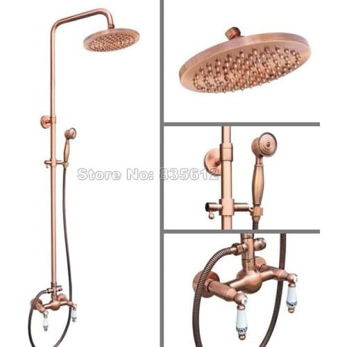 Classic Antique Red Copper Dual Ceramic Handles Mixer Tap Wall Mounted Bathroom Rain Shower Faucet Set W/Handheld Shower Wrg553