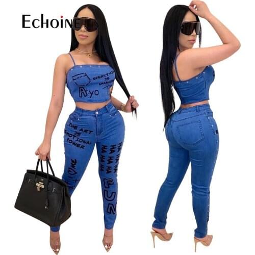 Echoine Women Club Party Letter Print elastic fabric Fake Jean Two Piece Set Tracksuits Crop Top Jogger Sweatpants Suit Outfits