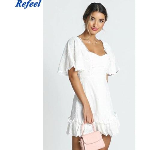 Fashion Women Floral White Party Dress Female Sexy Square Neck Flare Sleeve A-line Mini Dress Summer Vestido