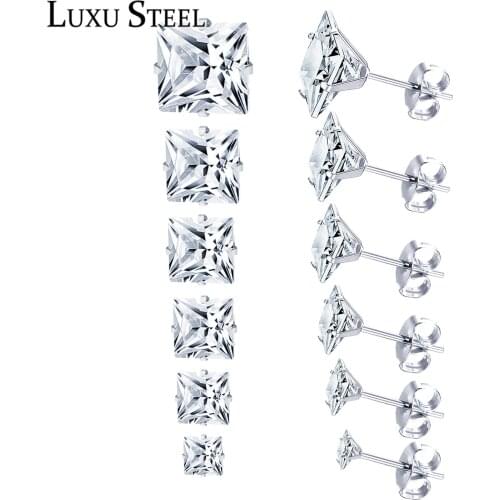 LUXUSTEEL Earrings Sets Stainless Steel Square White Pink Blue Green Black Crystal Stud Earrings Brinco Party Bijoux