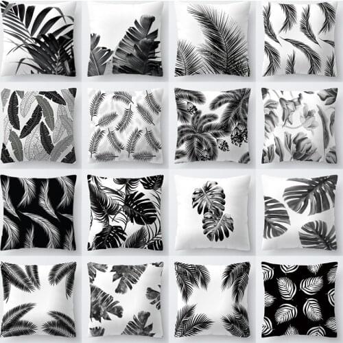 Ink Painting Cushion Cover 45x45 Black White Leaves Printed Decorative Sofa Cushions Pillowcases Polyester Pillows Cover