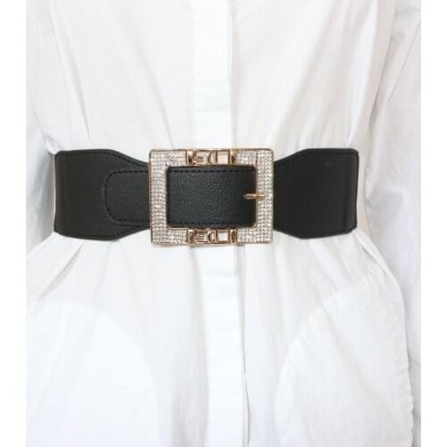 New Retro Style Elastic Waistband Ladies Body-fitting Elastic Belt Rhinestone Alloy Decorative Belt Casual Black