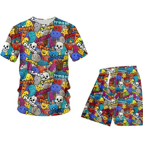 OGKB Summer Two Piece Set Women 3D T Shirt + Shorts Casual Graffiti Print Hip Hop Street Style Men Suits Streetwear Sportwear