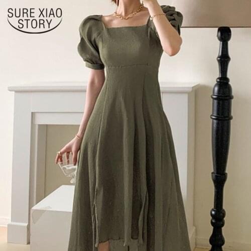2021 Summer Puff Sleeve Cotton Party Dress Elastic Boho Square Collar A Line Long Dress Women Solid Maxi Dresses Vestidos 14720
