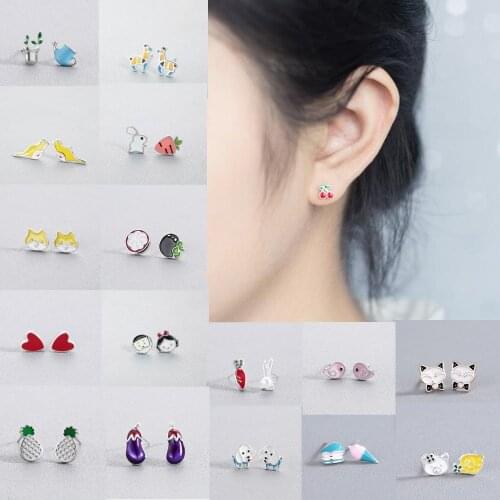 QIAMNI Enamel Cute Animal Dog Cat Bird Rabbit Deer Stud Earrings Pineapple Mangosteen Eggplant Earring Gift Brincos Pendientes